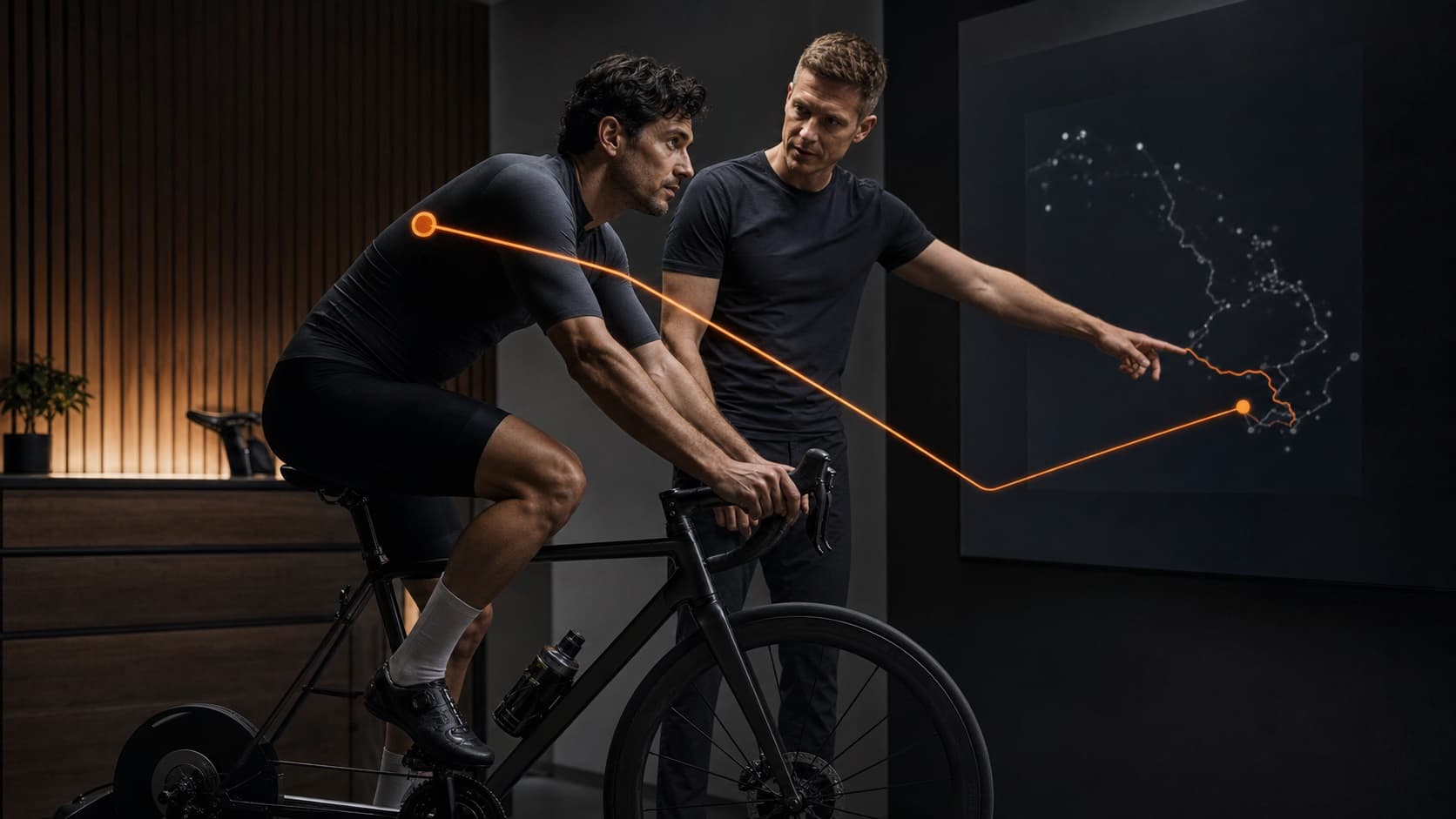 Fitter and cyclist examining a position decision in a performance studio